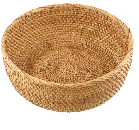 Frutero de mimbre natural tejido a mano con patrón de tejido único, ofrece almacenamiento decorativo para encimeras de cocina (grande 26 x 11 cm)