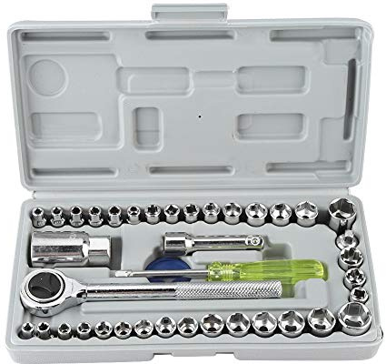 Qalvona Juego de Dados y Llaves de Vaso para Coche y Moto, 40 Piezas, Acero al Carbono, Caja Compacta - Kit Completo para Reparación, Multifuncional y Fácil de Transportar