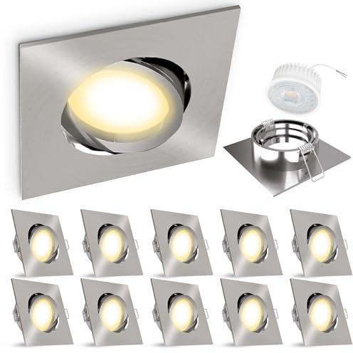 linovum 10er Set Decken Einbauleuchte flach nur 36mm - Einbaustrahler in Edelstahl Optik schwenkbar inkl 4W LED Modul warmweiß