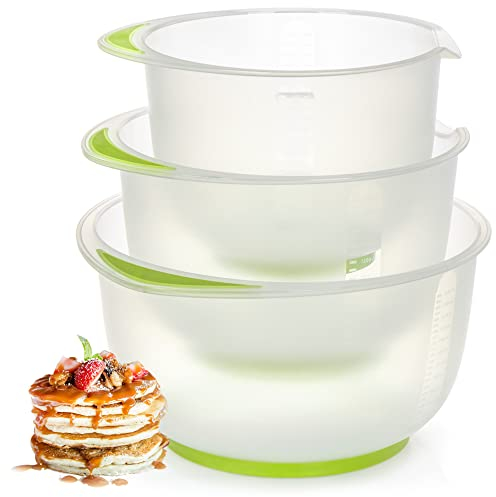 com-four® Juego de tazones para mezclar de 3 piezas antideslizante -Tazón para mezclar con caño vertedor -1.5L, 2L, 2.5L (3 partes - verde)
