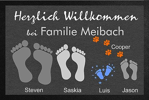 Personalisierte Fußmatte mit Fußabdruck & Pfoten Fußabtreter mit Namen von Mama, Papa, Kind, Baby, Hund, Katze grau anthrazit individuell aussen innen waschbar Herzlich willkommen