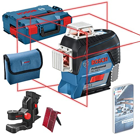 Bosch Professional 12V System Linienlaser GLL 3-80 C (Ohne Akku, Universalhalterung BM 1, m. App-Funktion, roter Laser, max. Arbeitsbereich: 30 m, Tasche, in L-BOXX)