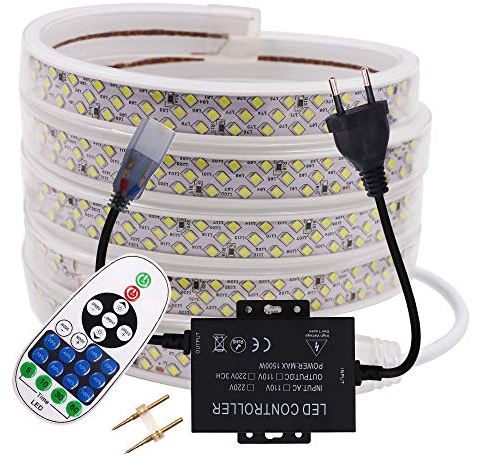 XUNATA Dimmbar LED Strip Weiß, 220V 2835 SMD 276leds / m IP65 Wasserdicht,Flexibles LED Lichtschlauch mit 23 Key Fernbedienung für Küche Stairway Weihnachten Party Deko (Weiß,18M)