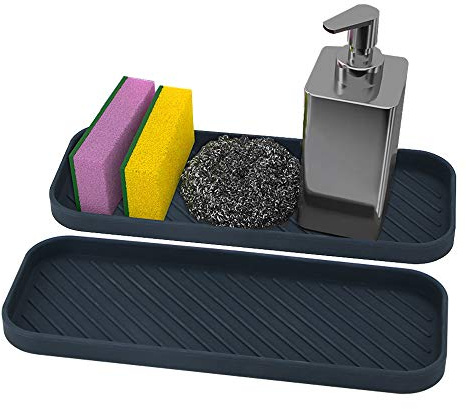 webake Spülbecken Organizer Schmal 2 Stück Silikon Waschbecken Organizer Küchen Bad Organiser für Schwämme, Bürsten oder Seife Rutschfester Schwammhalter für die Küchenspüle, Schwarz