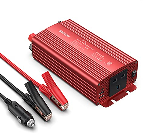 BESTEK 500W Pure Sine Wave Power Inverter DC 12V to AC 230V 240V with 4.2A Dual Smart USB Ports Car Adapter Red