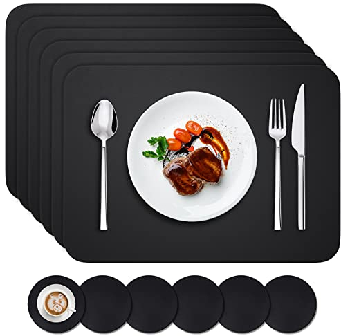 BANNIO 6er Set Tischsets Abwaschbar,Abwischbar Lederoptik Platzset und Untersetzer,Wasserdicht PVC Platzdeckchen Tischset für Hause Küche Restaurant und Hotel,41x31cm,Schwarz