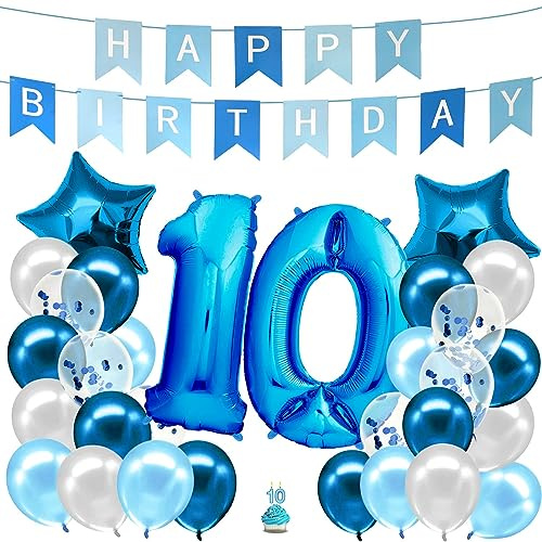 envami® Geburtstagsdeko Jungen Blau Zahl 10. Geburtstag Junge Happy Birthday Deko Folienballon 10 Luftballon 10. Geburtstag Kindergeburtstag Deko 10.