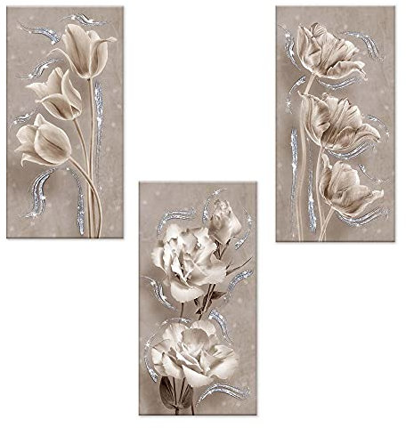Lupia - Set 3 Pezzi Quadri su Tela Tema Floreale Canvas Day Brillant con Glitter 38x75 cm Flower Shabby