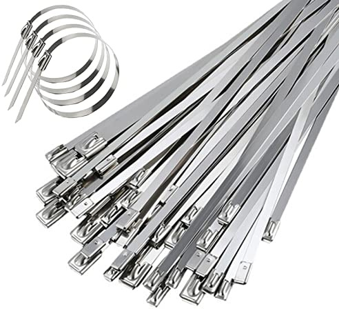 Yunpo 50 Pieces Stainless Steel Cable Ties 4.6 x 200mm Self Locking Metal Exhaust Wrap Coated Locking Cable Zip Ties for Home Office Garage Workshop, Silver