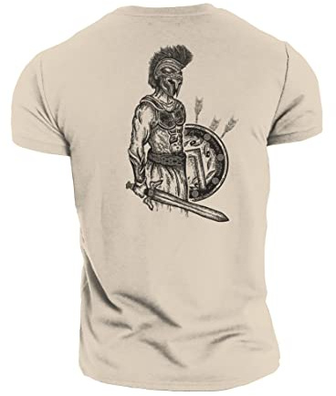 GYMTIER Spartan Forged - Sword and Shield - Men's Gym T-Shirt Bodybuilding Training Workout Lifting Top Clothing, Sand, 3XL