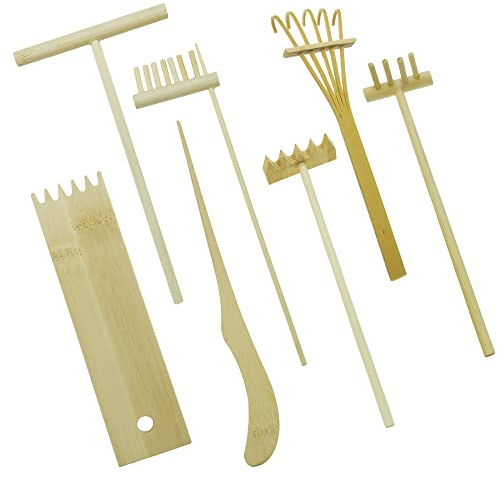Cayway 7 PCS Garden Rake Kit, Garden Zen Rake Tools Sand Garden Kits Bamboo Rakes Tool Bamboo Rakes Holder with Moss Rakes Brusher Spoon for Man Women