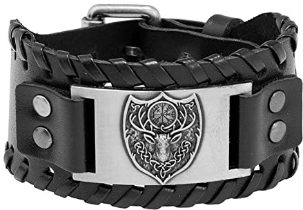 TQWSVUM Herren Wikinger Kompass Hirschkopf Schild Lederarmband, Handgemachte Verstellbare Schnalle Geflochtenes Seil Breites Armband, Nordic Vintage Hip Hop Tierschmuck(Silver)