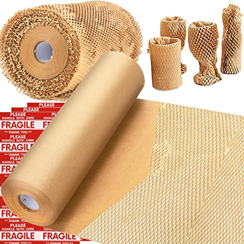 Honeycomb Packing Paper, MINHAO 15x400' Eco Friendly Packing Paper for Moving Recyclable Honeycomb Paper Moving Supplies Bubble Paper Wrapping Protective Roll, With 36 Fragile Sticker Labels