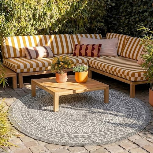In- & Outdoor Teppich Rund - Summer Azteca Grau - Ø 280 cm | Wetterfest - Synthetik, Polypropylen - Balkon, Garten / Terrasse - Terrasse teppich - Outdoor rug