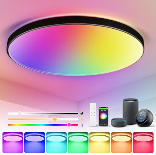 CHENBEN Lampara Techo Dormitorio, RGB 24W Plafon LED Techo 3000K-6500K Inteligente Plafones Para Techo 2520LM 32cm IP44 Lampara LED Techo con Bluetooth,Mando a Distancia y App