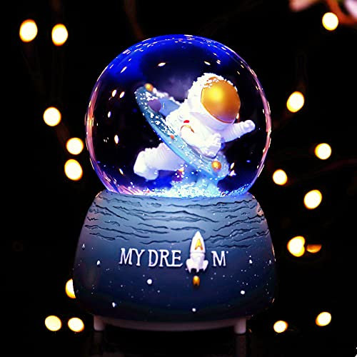 Astronaut Music Box Musical Snow Globe Crystal Ball illuminated Musical Artware Melody Ornament Christmas Music Box Birthday Xmas New Year Gift Present Desktop Ornament