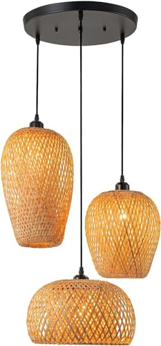DoungRos Rustic Rattan Pendant Light Fixture 3-Lights Farmhouse Bamboo Pendant Lighting Wicker Lamp Basket Woven Shade Chandelier for Dining Room Kitchen Island Living Room Bedroom
