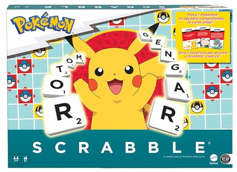 Mattel Games - Scrabble Pokémon, das Kreuzworträtsel-Brettspiel mit 50 Herausforderungen der Pokémon-Figuren, doppelseitige Tafel mit zwei Spielmodi, italienische Version, 8+ Jahre, HXT30