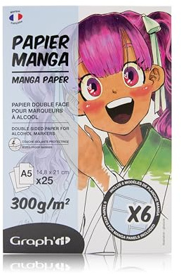GRAPH’IT bloc Manga de 25 feuilles 300gr extra blanc spécial marqueur à alcool, 1 côté collé, papier résistant pour encre à alcool, 6 modèles de planches manga sur calques inclus - Format A5