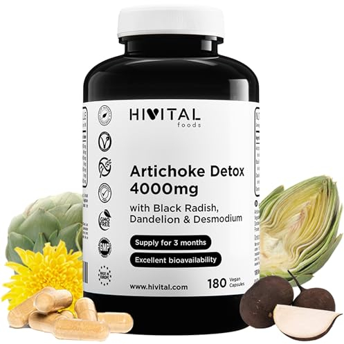 Artischocke Detox 4000 mg. 180 vegane Kapseln für 3 Monate Kur. Mit Schwarzem Rettich, Löwenzahn und Desmodium. Hergestellt von HIVITAL