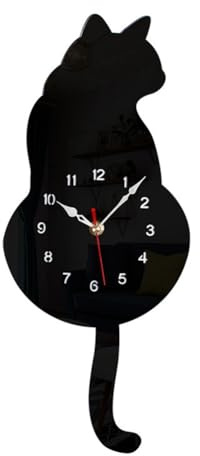 TsoLay Orologio da parete a pendolo con gatto nero, orologio a forma di gatto, orologio con coda mobile, gatto oscillante, stravagante, divertente, durevole e facile da usare