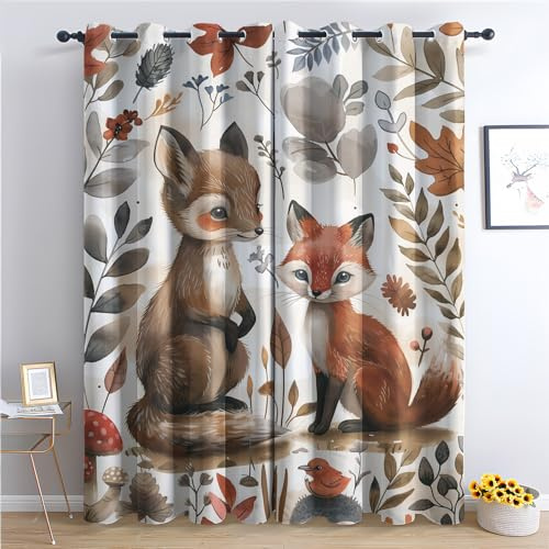 Generisch Vorhänge Fuchs Muster - Niedlich Waldtiere Kinder Fenster Gardinen mit Ösen, Vorhang Blickdicht Verdunklungsvorhänge Thermovorhang für Schlafzimmer Deko 2er Set, H 166 x B 75 cm S-&148