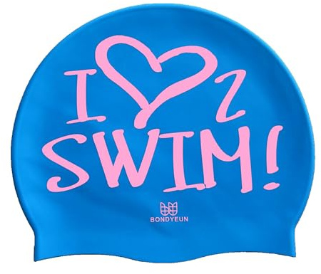 BONDYEUN BONDYUEN Swim Cap Fit Kids Boys Girls Men Women with Short or Medium Hair Fun Cute Design Patterns Silicone Swimming Caps, ILSwim Blue