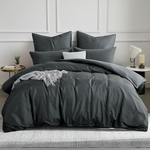 Aisbo Bettwäsche 200x220 3 teilig Bettdeckenbezug - Bettwäsche Set 220x200cm Gestreift Anthrazit Muster mit 2 Kissenbezügen 80x80 cm, Mikrofaser Bettbezug mit Reißverschluss, Bügelfrei und Weich