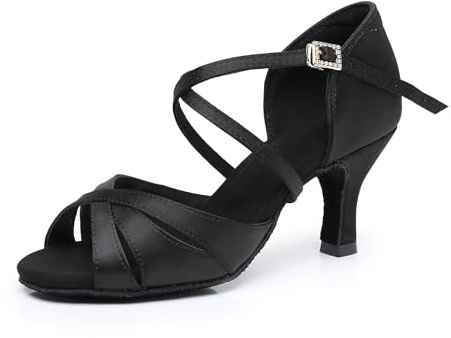 Rosefinch Latein Tanzschuhe für Frauen Weiche Sohle Strass-Schnalle Salsa Ballroom Performance Schuhe Professionelle Praxis Tanzschuhe 7cm Absatz, Schwarz 38EU
