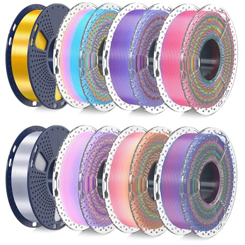 SUNLU 3D Printer Filament Bundle, PLA Silk Rainbow Filament Multicolor, Fast Color Change Each 8 Meters, Individually Vacuum Packed, 250g Spool, 8 Rolls, 2kg Total, 6 Silk Rainbow+Light Gold+Silver