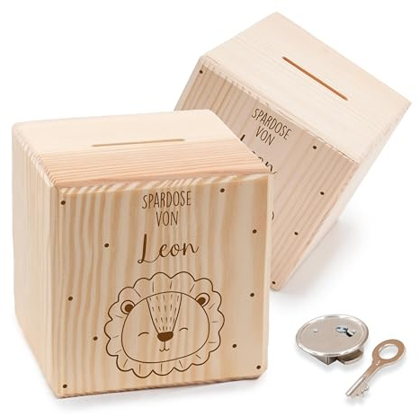KIDSMOOD - Spardose Kinder aus Holz mit Schlüssel – Sparschwein Kinder, Personalisiert mit Namen & niedlichen Motiven – Sparbox zum Geld sparen Kinder