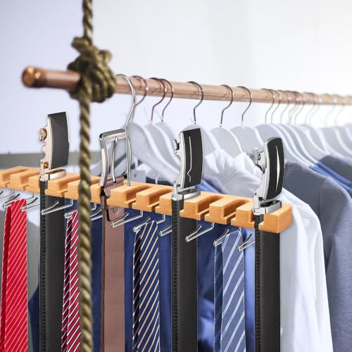 GmeDhc Gürtelaufhänger für Schrank, Gürtelhalter aus Holz mit 12 Schlitzen und 11 Haken, 360° drehbar, Geeignet für Gürtel, Krawatten, Kleiderschrank platzsparend