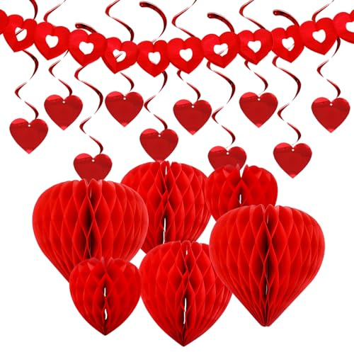 Dmnnlp 8er Set Valentinstag Herzen Deko, Rot Paper Honeycomb Herzen und Herzen Girlande Deko für Valentine Heiratsantrag Verlobung Jubiläum Muttertag Dekoration