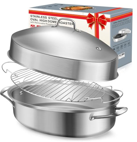 DePango Casseruola con griglia e coperchio, in acciaio inox, grande teglia ovale, antiaderente, per tacchino, pollo, 55,9 x 30,6 cm