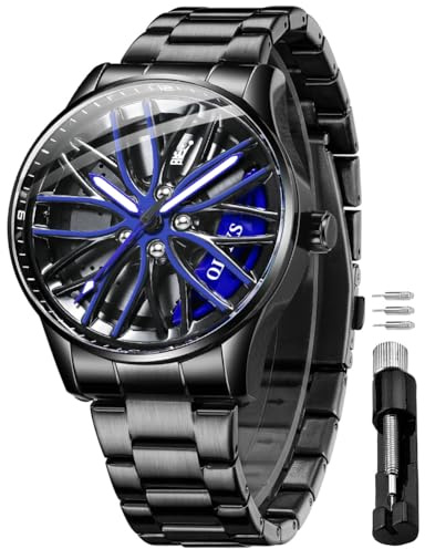OLEVS Watches for Men Skeleton Quartz Racing Car Wheel Stainless Steel Casual Sports Waterproof Luminous Mens Watches