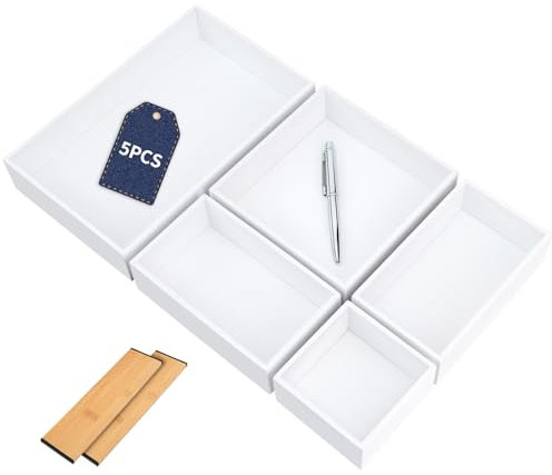 MAIJIAJU 5-Teiliges Schubladen Organizer 5cm Höhe, Bambus Schminktisch Make Up Organizer Box, Mehrere Größen Besteckkasten Aufbewahrungsbox Ordnungsboxen Sortierkasten für Büro Küche Bad (Weiß)