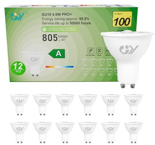 GY GU10 Spotlight 36° Beam Angle LED Bulbs Energy Efficiency Class A, Warm White 2700K 805LM,Equivalent to 100W, Non-Dimmable, Pack of 12