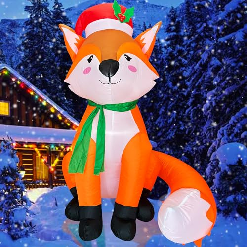Trystway 4FT Inflatable Christma Fox Decoration with Santa Hat and Wreath Blow Up Built-in LED for Holiday Lawn Yard Garden Home Indoor Outdoor Party