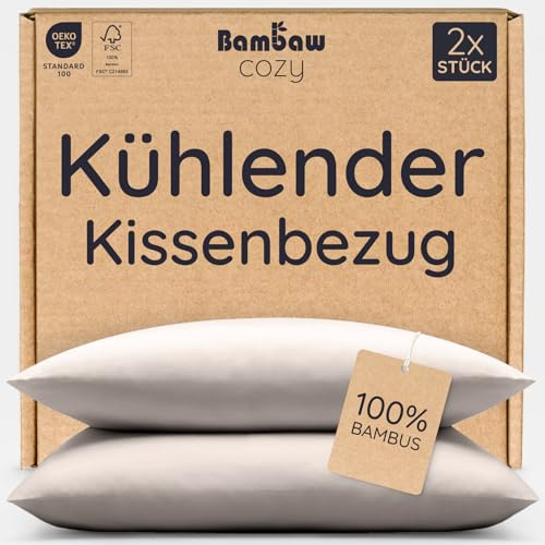 Bambaw Bambus Kissenbezug 40x80 cm, 2-er Pack, Bettwäsche kühlend Sommer, nachhaltige Bambus Bettwäsche, antibakterieller Kissenbezug Allergiker, haarfreundliche Kopfkissenbezug kühlend (Sand)