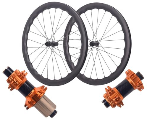 LSRRYD 700C Fahrrad Vorder- Und Hinterrad, 5045mm Tiefe, Carbon-Rennrad-Laufradsatz, Scheibenbremse, 100/142mm Steckachse, Abgedichtetes Lager, Carbonfaser-Hinterrad Für7-12 Gänge(Gold hub)