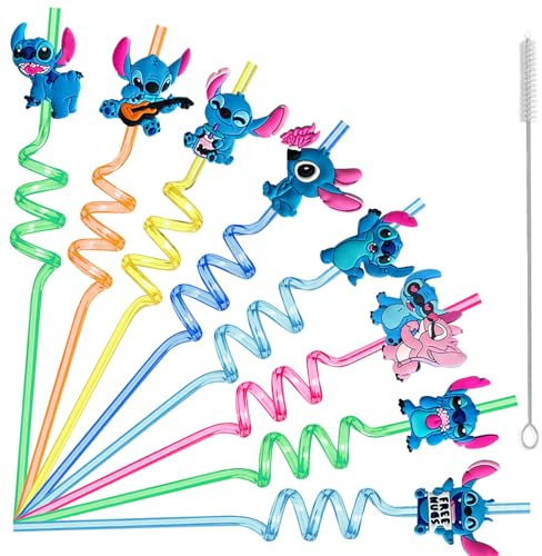 VOVhpbidy 9 Piezas Stitc Pajitas Reutilizables Niños, Stitc Pajitas Rizadas de Plástico Duro En Espiral para Cumpleaños Infantiles, Bebida Rizada de Colores, Accesorios Decoraciones para Fiestas