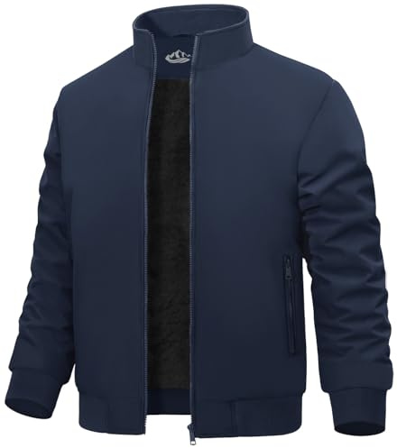 Lonya Men's Bomber Jackets Fleece Winter Windproof Zip Up Warm Thermal Jacket Waterproof Casual Baseball Coats with Zipper Pockets, Navy Blue, XL