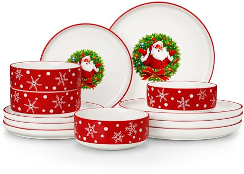 MALACASA Série LUNA Service de Table 4 Personnes, 12 Pièces Vaisselle et Plats de Service, Rouge avec un Motif de Père Noël, Décorations de Table de Noël Cadeaux Présentation des Plats