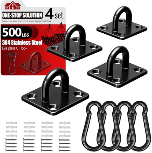 sprookber 304 Stainless Steel Pad Eye Snap Hooks, M5 Heavy Duty Ceiling Hooks, 500 lb Capacity Hammock Swing Hanging kit, Plant Hangers, Marine Hardware Staple Hook Loop with Screws, Set of 8(Black)