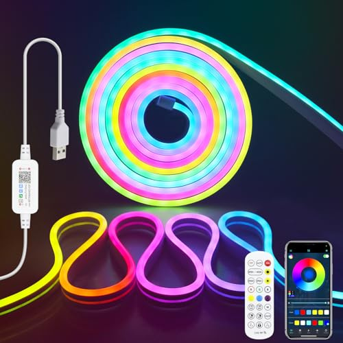 Aclorol LED Neon Rope Light 4M 240 LEDs Flexible USB Colour Changing RGB LED Strip with APP & Remote Control Music Sync Waterooof LED Neon Light Strip for Bedroom Kitchen Gaming Indoor Outdoor Decor | Addressable RGB+IC LED Hose, Music Sync, Plug and Play with Adhesive Tape for Gaming Party Bedroom Garden, 60LEDs/m