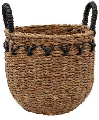 Arthur Cameron – Haora Handwoven Artisanal Storage – Decorative Seagrass Basket with Black Detailing & Tapered Base, Versatile Planter Basket with Handles for Stylish Home Organisation (Medium)