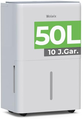 Woleix Luftentfeuchter elektrisch 50L, Entfeuchter elektrisch für Keller, Raumentfeuchter elektrisch 43dB für Räume bis zu 320m³/125m², mit Timer, Filter und 1M Ablaufschlauch, 10 J. Gar.