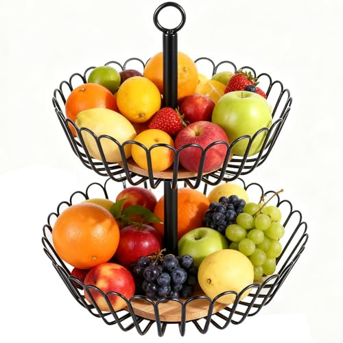 GOURDBRO Cesta de Frutas de 2 Niveles - Frutero de Metal Negro con Gran Capacidad - Organizador y Decoración Elegante para Cocina y Mesa - Ideal para Frutas y Verduras Frescas