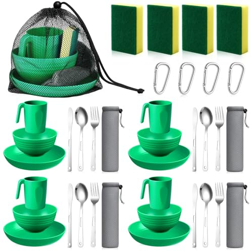 Acellegic Camping Mess Kit for 4, Reusable Plastic Camping Dishes Set Light Weight Tableware Kit Utensils for Backpacking Hiking Picnic Outdoor Essentials Gear(Green)