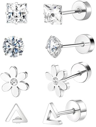 TEOZBLU 8 Pcs Piercing Tragus Mujer Hombre Piercing Acero Quirurgico Piercing Labio Labret Helix 20g 8mm Plata Barra De Labios Zircón Flor Triángulo Piercing Para Hélice Joyería De Parte Trasera Plana
